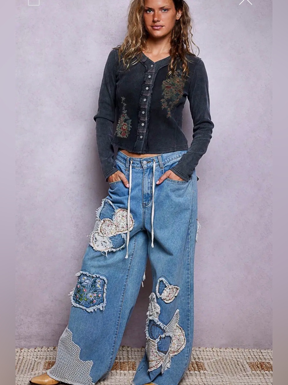 POL floral lace patchwork embroidered stitch bohemian floral pants jeans - Picture 4 of 5
